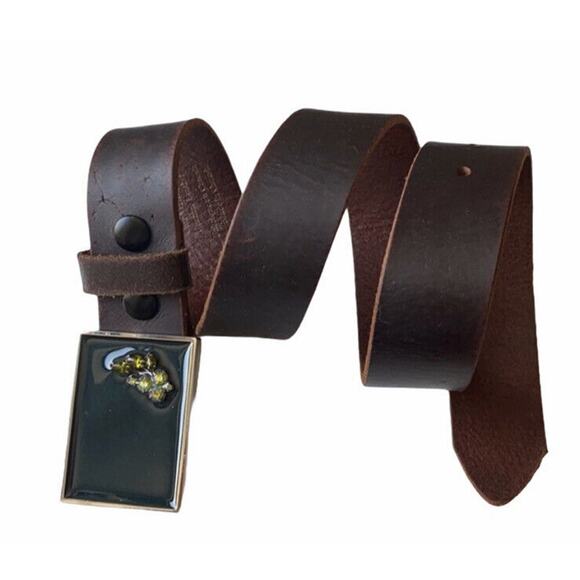 Hand Tooled Brown Leather Belt Enamel Buckle Women Size Small Art To Wear Boho main image 6
